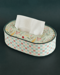  Oval tissue box holder, pastel checkered pattern, tulip floral design, vegan leather, mint green and pink colors