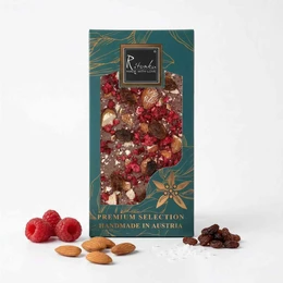 Premium milk chocolate bar with raspberries, raisins, and almonds. Dark red and brown chocolate with visible fruit and nuts.