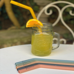 Set of 6 reusable silicone straws in a variety of colors, ideal for eco-friendly drinking.