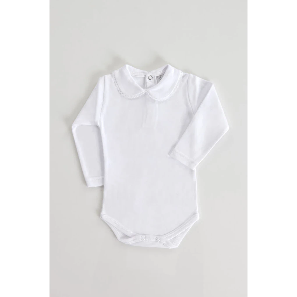 Babybody med krave, børstet, langærmet, hvid