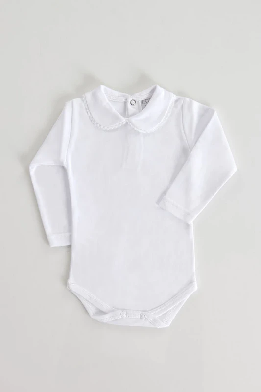 Babybody med krave, børstet, langærmet, hvid