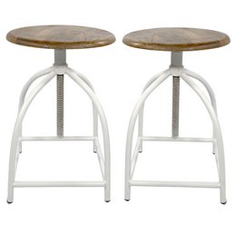 A set of 2 swivel bar stools with adjustable height, featuring a wood and metal frame in a white or black finish. The round seats have a natural wood grain texture.