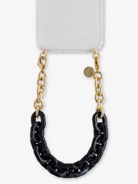 A clear phone case with a black and gold chain strap. The case has a simple, minimalist design that allows the phone to be displayed while providing protection.