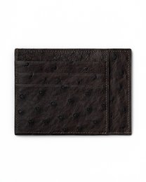 Black leather card holder with textured ostrich pattern.