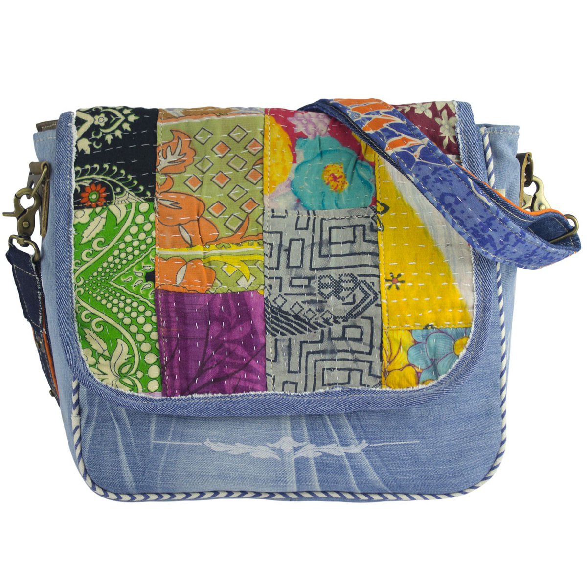 Sac bandoulière pour femme Sunsa en jean upcyclé et tissu sari (toile). Sac à main style rétro vintage. Sac bandoulière pour femme.
