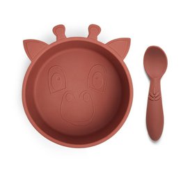  Elia silicone dinner set 2-pack, includes a round plate with a giraffe design and a matching spoon, made of durable silicone, suitable for kids' meals.