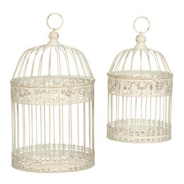 A set of 2 decorative bird cages made of white metal wire with intricate floral designs. The cages have a round shape and are suitable for indoor or outdoor display as decorative objects.