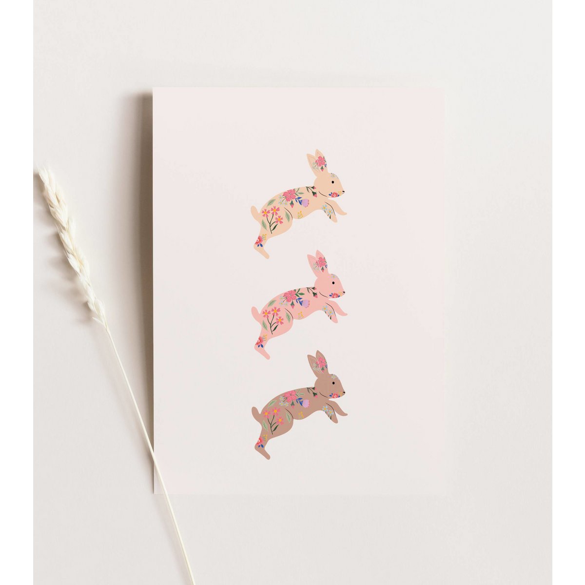 Carte de Pâques - lapins, carte de lapins floraux, lapins boho, carte postale Joyeuses Pâques, carte A6