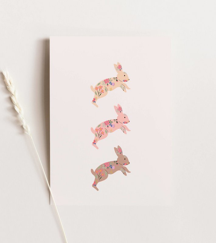 Carte de Pâques - lapins, carte de lapins floraux, lapins boho, carte postale Joyeuses Pâques, carte A6