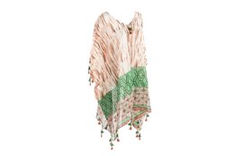 A long, lightweight cotton kaftan in a beige and green tie-dye pattern, with tasseled edges.