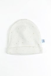 Soft, cozy white beanie with a subtle star pattern, perfect for keeping a baby's head warm and stylish.