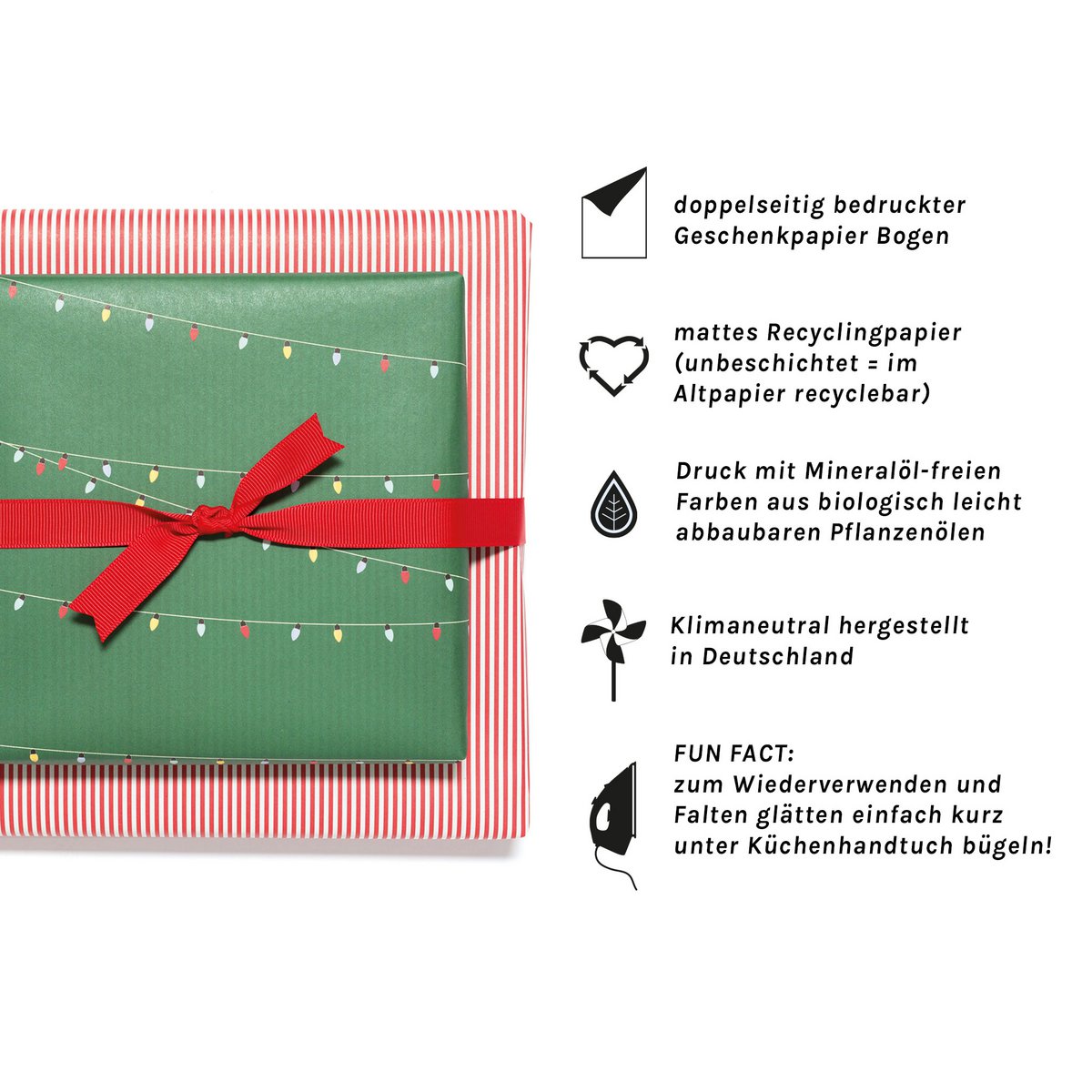 Sustainable Christmas wrapping paper green and red, green wrapping paper fairy lights - double-sided wrapping paper made from 100% recycled paper