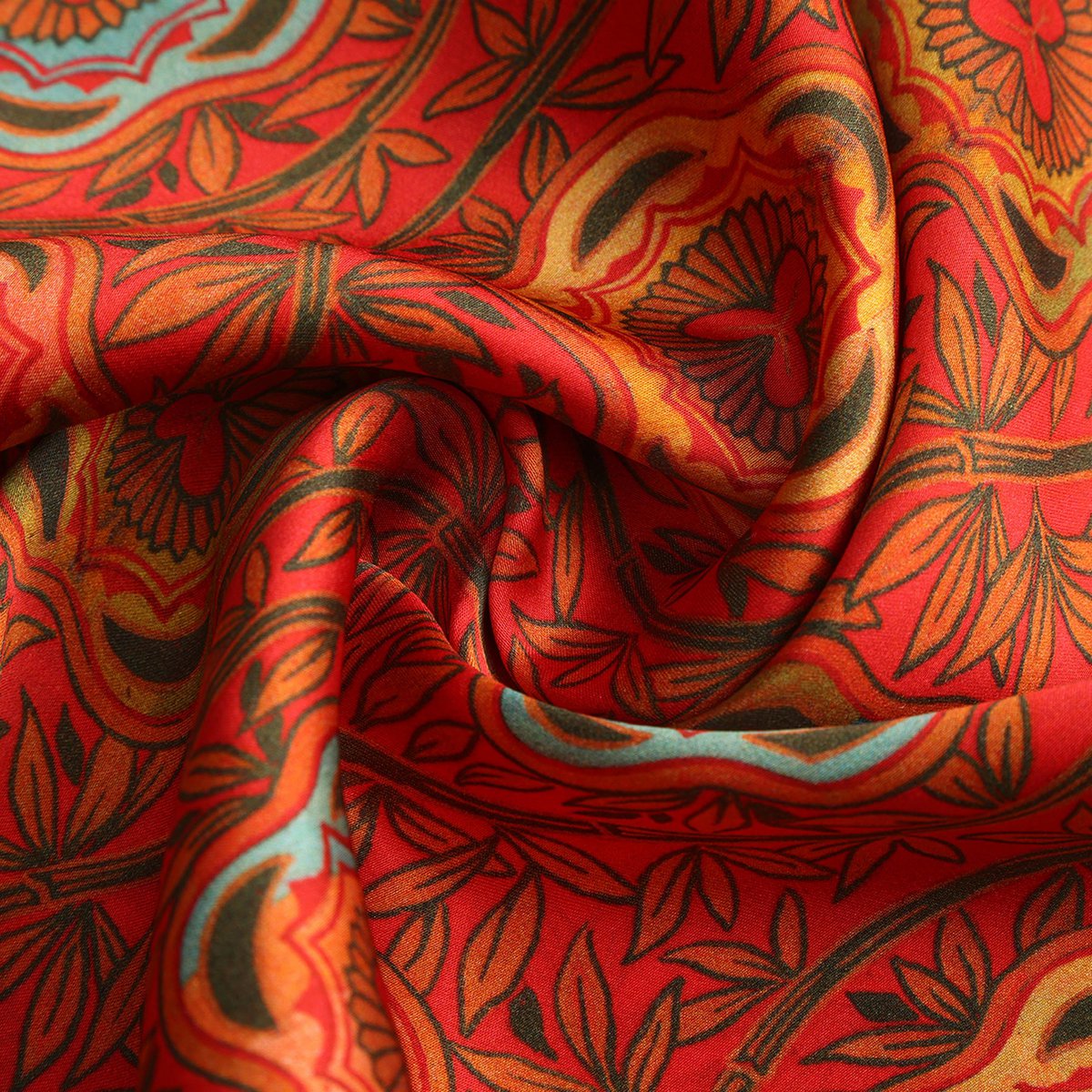 Bufanda roja y azul con caléndula con estampado floral