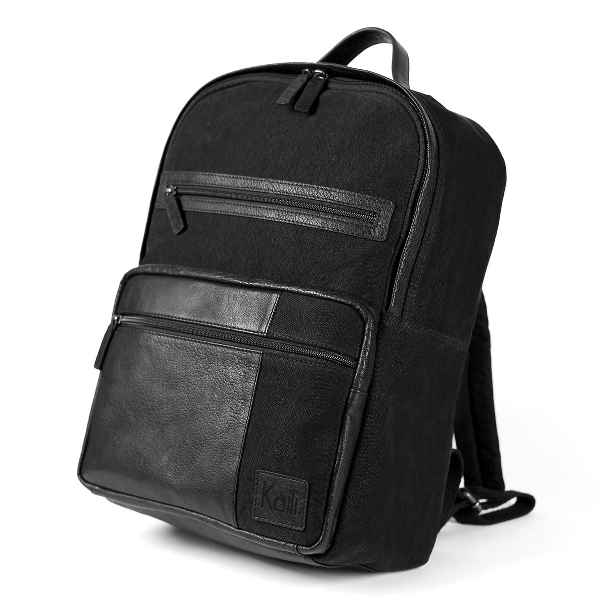 K0023AB | Notebook-Rucksack aus Canvas/echtem Leder, vollnarbig, Schwungrad – Farbe Schwarz. Antik-Nickel-Zubehör, Reißverschluss. Abmessungen: 29 x 40 x 15 cm. Verpackung: TNT-Beutel