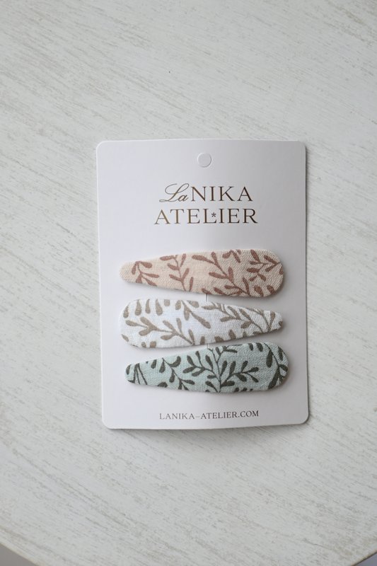 Branches Trio-Set aus Haarspangen, Druckknöpfe mit Blumenmuster in Pastellmint, Rouge und Grau