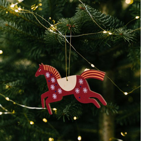 Wooden Horse Christmas Ornament, Scandinavian Folk Style 