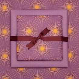 Lila Geschenkpapier mit Sonnensternen, retro Geschenkpapier orange und lila, ideal als Geburtstags- Geschenkpapier Frühling oder Weihnachtsgeschenkpapier