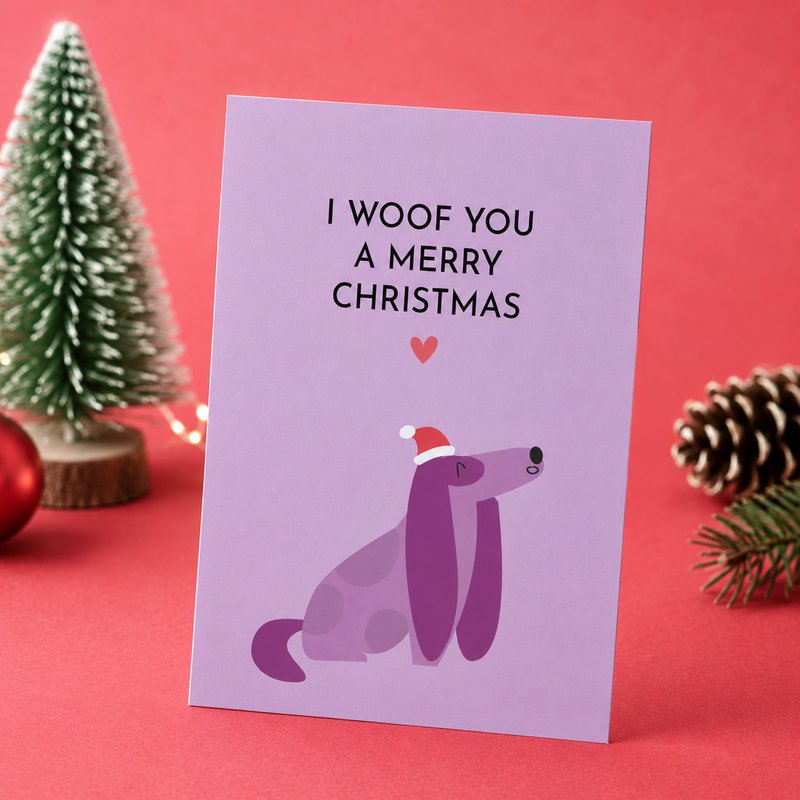 funny Christmas card with dog “I Woof You a Merry Christmas”