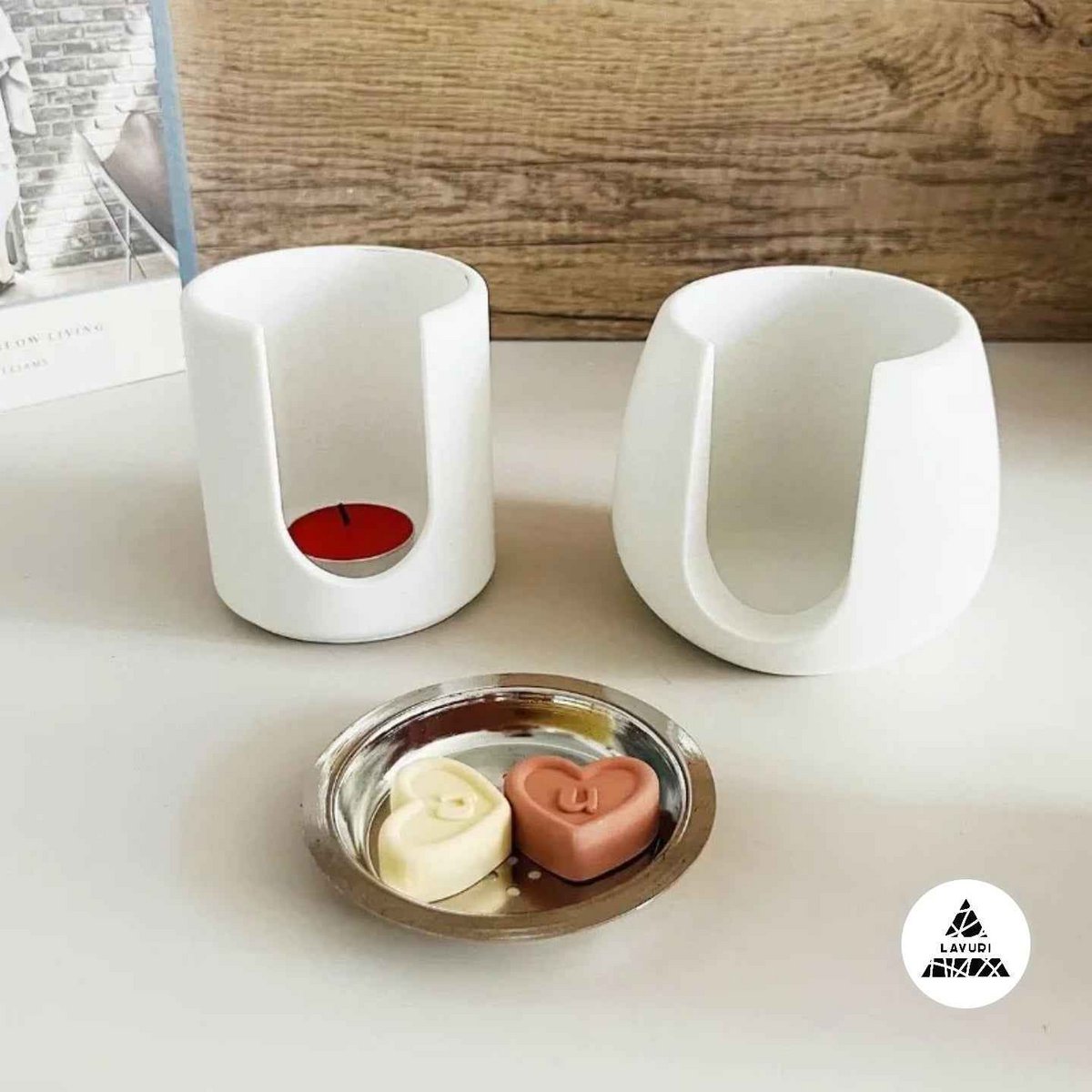 LAVURI® Wax Melter made of cast ceramic, tealight + white metal pot, wax melts not included