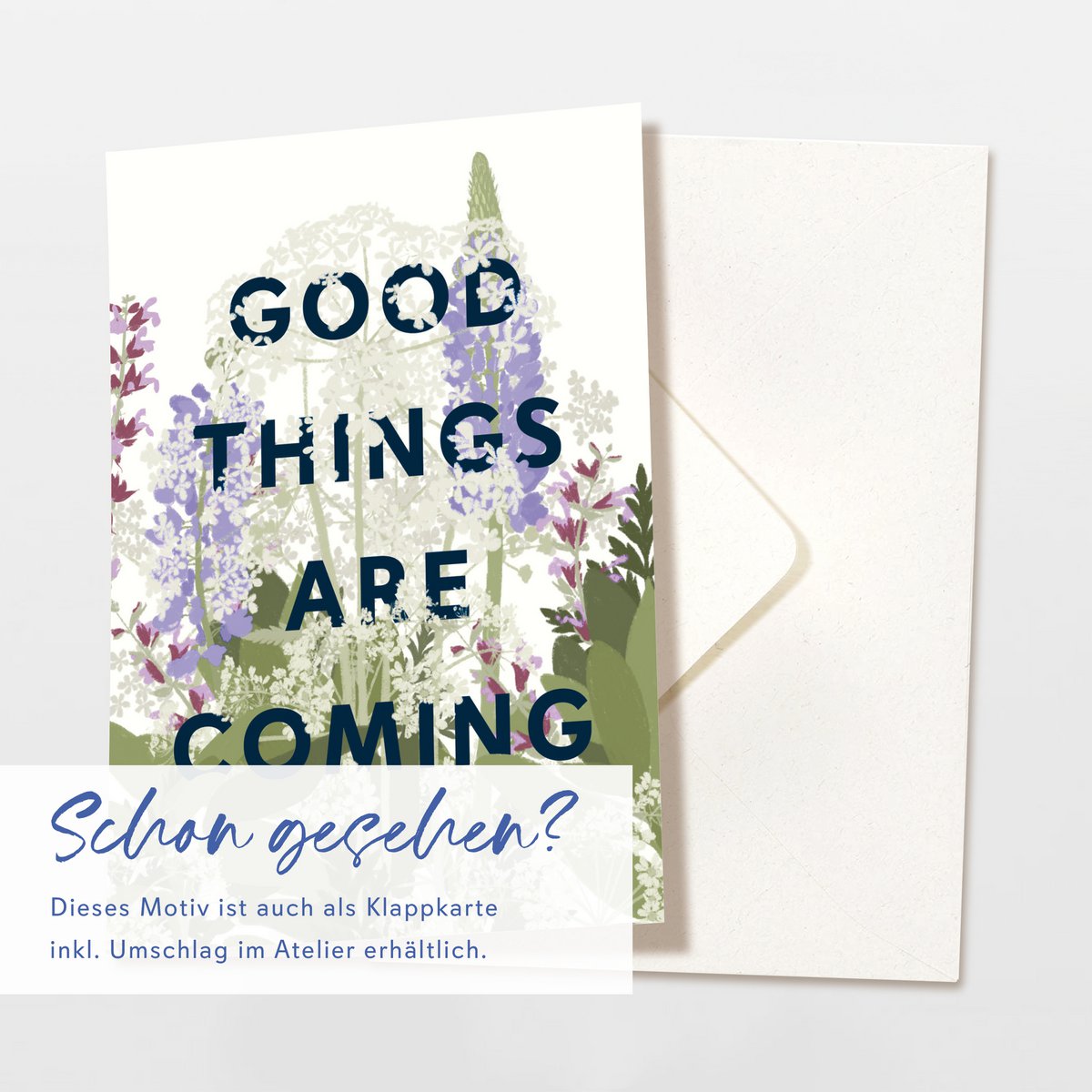 Postkarte 'good things are coming' mit lila Wildblumen