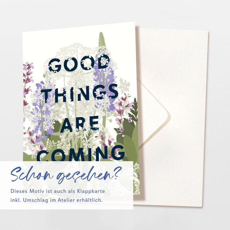 Postkarte 'good things are coming' mit lila Wildblumen