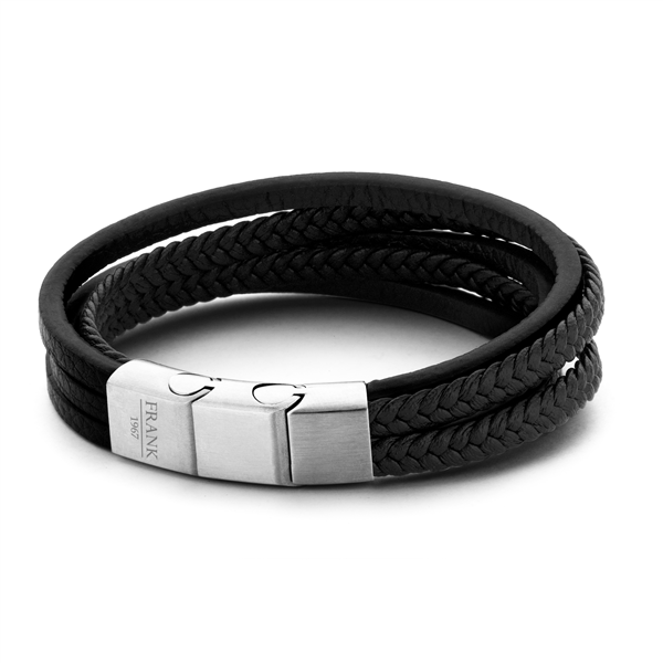 Frank 1967 7FB-0192 - Bracelet homme avec élément en acier - cuir tressé - multicouche - longueur 21 cm - noir