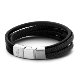 Black leather bracelet with braided pattern, suitable for casual or formal wear.