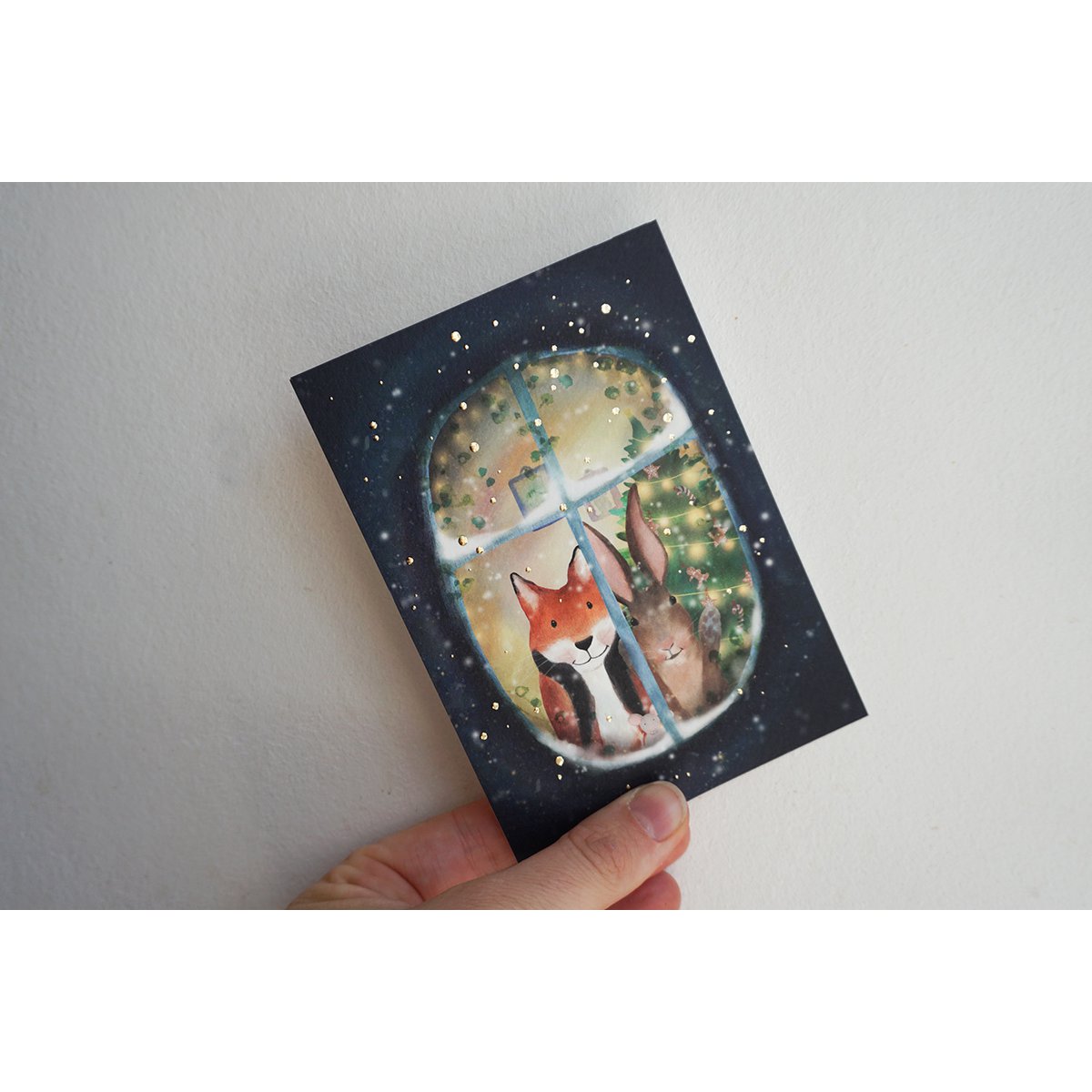 Christmas card Looking at the snow with foil stamping