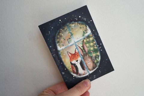 Kerstkaart Kijken naar de sneeuw met foliedruk