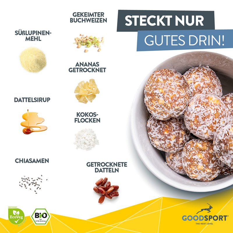ORGANICZNE kulki proteinowe, kokos ananasowy, kiełki gryki