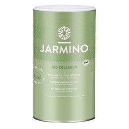 Organic collagen powder supplement in a green canister with the Jarmino logo.
