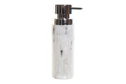 Marble-effect soap dispenser with chrome pump, 6.5 x 6.5 x 21.5 cm in size.