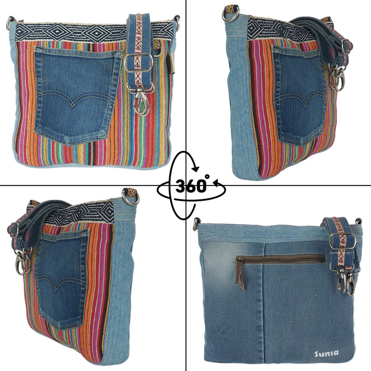 Sunsa Damen Umhängetasche. Schultertasche aus Upcycling Jeans und Baumwolle. Handtasche Vintage Retro Stil. Crossbody Tasche für Frauen.