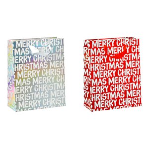 Merrry Chrismas gift bag made of paper/cardboard, 2-fold, red/silver (W/H/D) 18x23x8cm