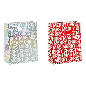 Merrry Chrismas gift bag made of paper/cardboard, 2-fold, red/silver (W/H/D) 18x23x8cm