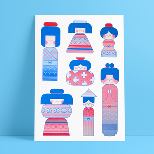 Risograph-Druck: Süße Kokeshi-Puppen (A4-Format)