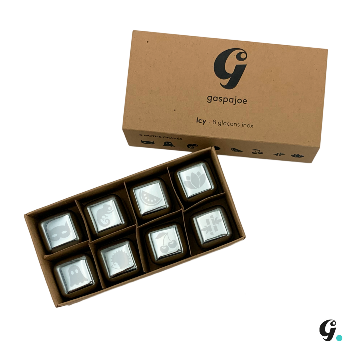 8 engraved Gaspajoe ice cubes all stainless steel in Kraft gift box