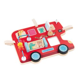 A red wooden activity board in the shape of a bus, featuring various interactive elements and shapes for children to explore.