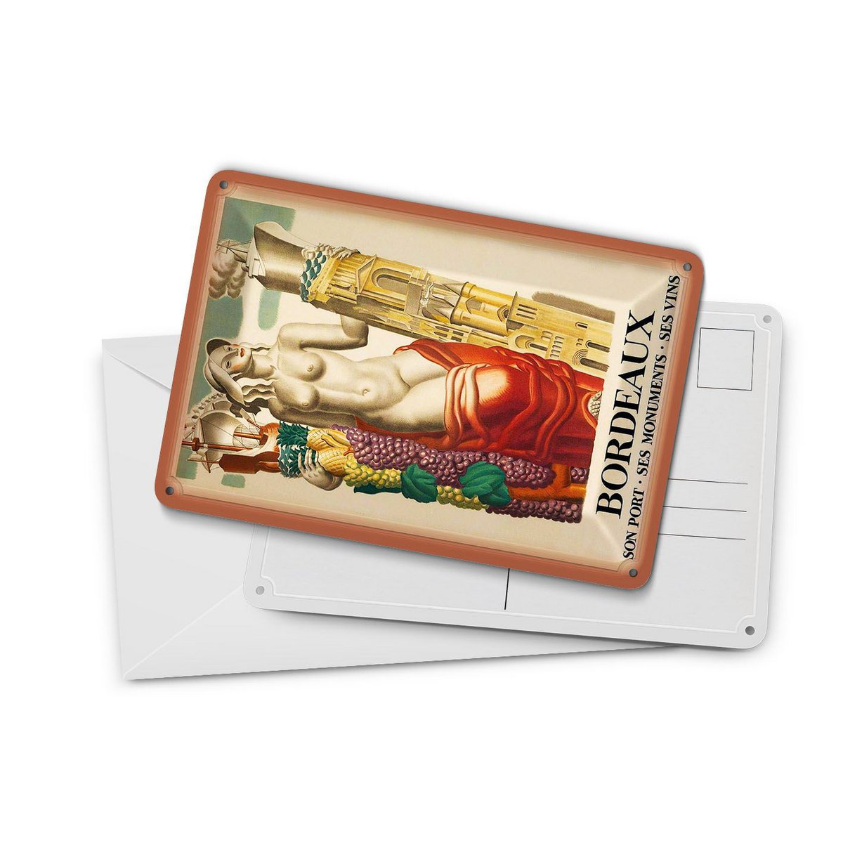 Cartolina da viaggio in latta 10x14 cm Bordeaux Francia son port ses monumenti targa decorativa