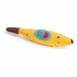 Yellow banana-shaped soft toy with brown stem, embroidered details, plush fabric, interactive play kitchen accessory.