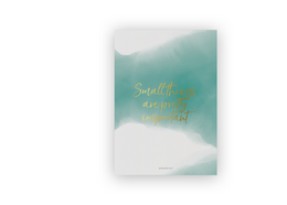 A5 poster with gold foil text on a teal and white abstract background.