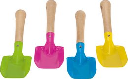 "Colorful hand shovels with wooden handles in green, pink, blue, yellow gardening tools"