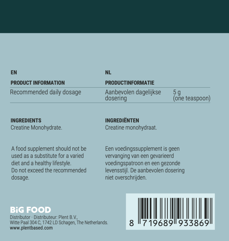 Big Food - Wegański monohydrat kreatyny w proszku - 500 g