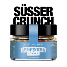 Sweet mustard in 100ml glass jar, with black and blue label featuring the text "SUSSER CRUNCH" and "SENFWERK".