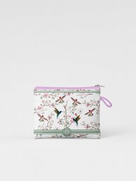 A purple clutch bag with a butterfly design, featuring a floral pattern and a heart-shaped motif. The bag has a zipper closure and appears to be made of a soft, textured material.