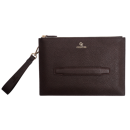 A brown leather clutch bag with golden details, suitable for men. The bag has a simple, minimalist design and is made of high-quality leather.