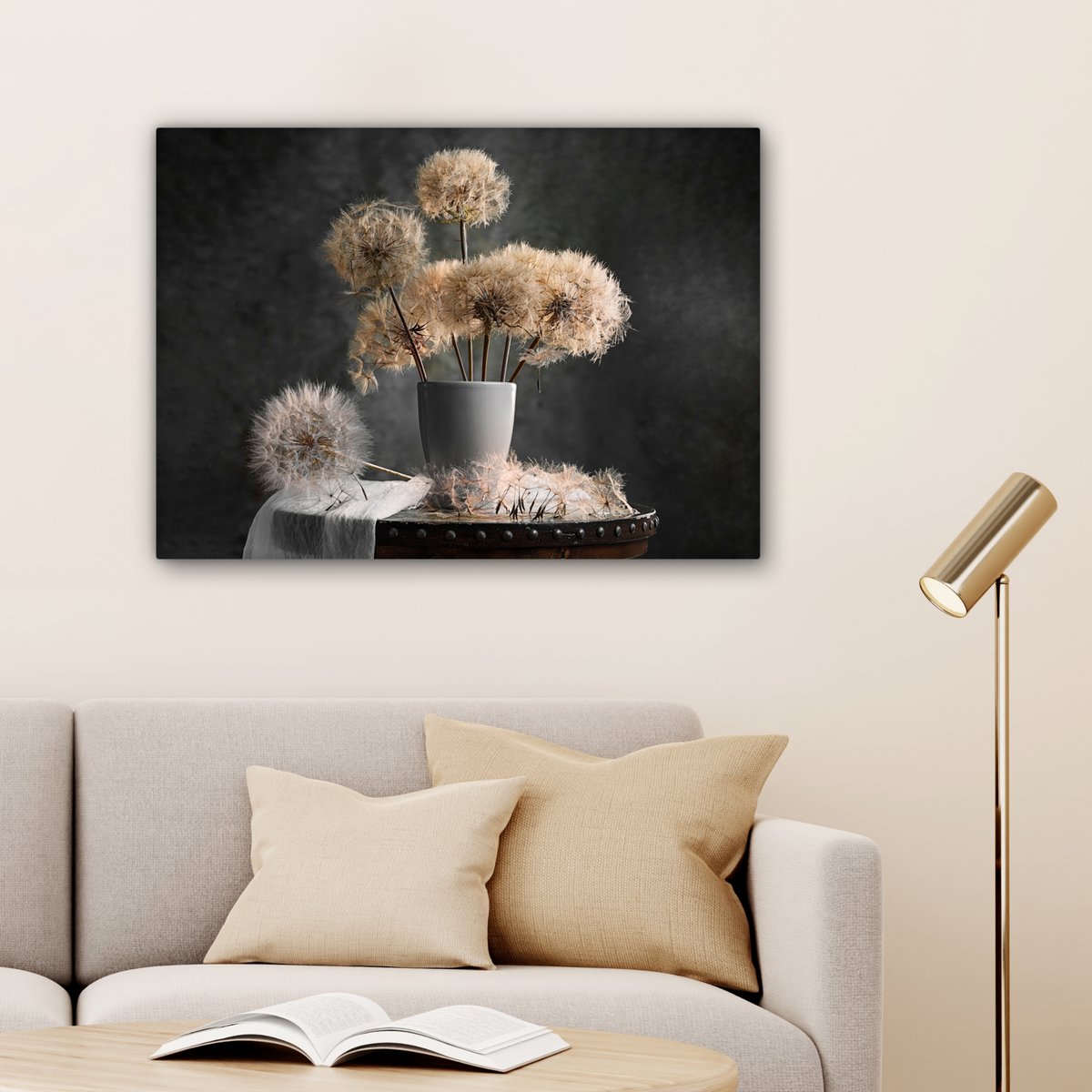 Leinwand Malerei - Wanddekoration - Blumensamen - Löwenzahn - Vase - Stillleben - Bouquet