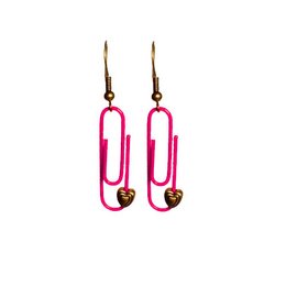  "Pink personalized paperclip earrings with heart charms. Vibrant, playful drop earrings made of metal and plastic."

The image shows a pair of pink paperclip-shaped earrings with heart-shaped charms. The earrings have a vibrant, playful design made of metal and plastic materials. This product would be suitable for casual or fashion-forward outfits.