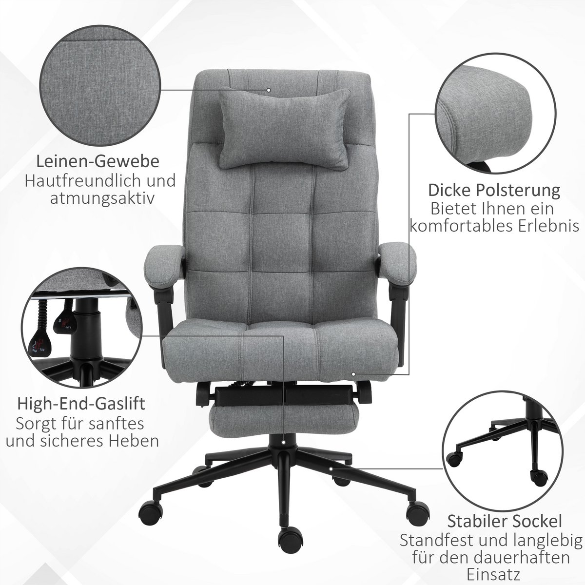 Office chair with pillow armrest Desk chair with tilt angle Height-adjustable swivel chair with footrest Linen foam PVC Light gray 66 x 76 x 112-120 cm