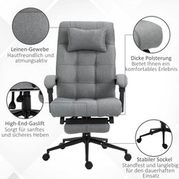 Office chair with pillow armrest Desk chair with tilt angle Height-adjustable swivel chair with footrest Linen foam PVC Light gray 66 x 76 x 112-120 cm